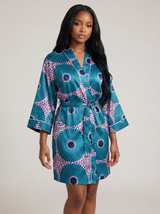 African Print Satin Robe Teal - Nkeoma