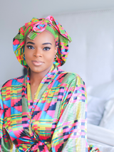 African Print Satin Robe Pink Kente - Nkeoma
