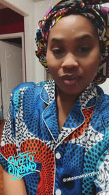 African Print Satin Pajama Shorts Set Blue