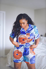 African Print Satin Pajama Shorts Set Blue - Nkeoma