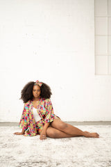 African Print Satin Robe Pink Kente - Nkeoma