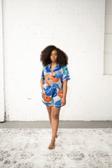 African Print Satin Pajama Shorts Set Blue - Nkeoma