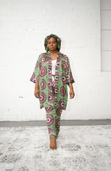 African Print Satin Robe Pink/Green - Nkeoma