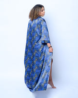 Long African Print Satin Robe Blue - Nkeoma