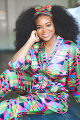 African Print Satin Robe Pink Kente - Nkeoma By Ivy & Livy