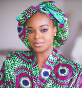 African Print Satin Robe Pink/Green - Nkeoma