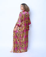 Long African Print Satin Robe Pink/Yellow - Nkeoma