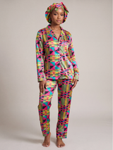 African Kente Print Satin Long Sleeve Pajama Set - Nkeoma
