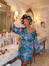 African Print Satin Robe Teal - Nkeoma