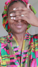 African Print Satin Robe Pink Kente