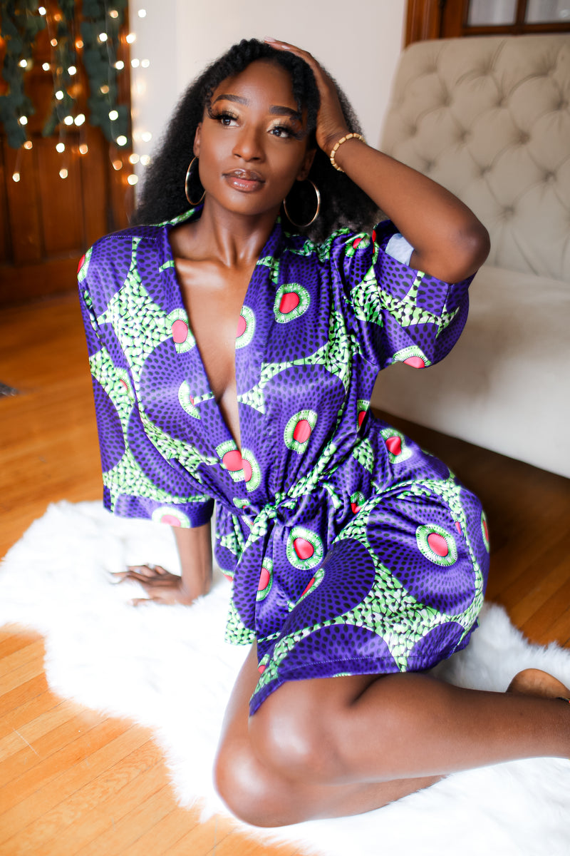 African Print Satin Robe Purple/Lime - One Size Purple/Lime Green African Print Satin Robe Purple/Lime - One Size Purple/Lime Green