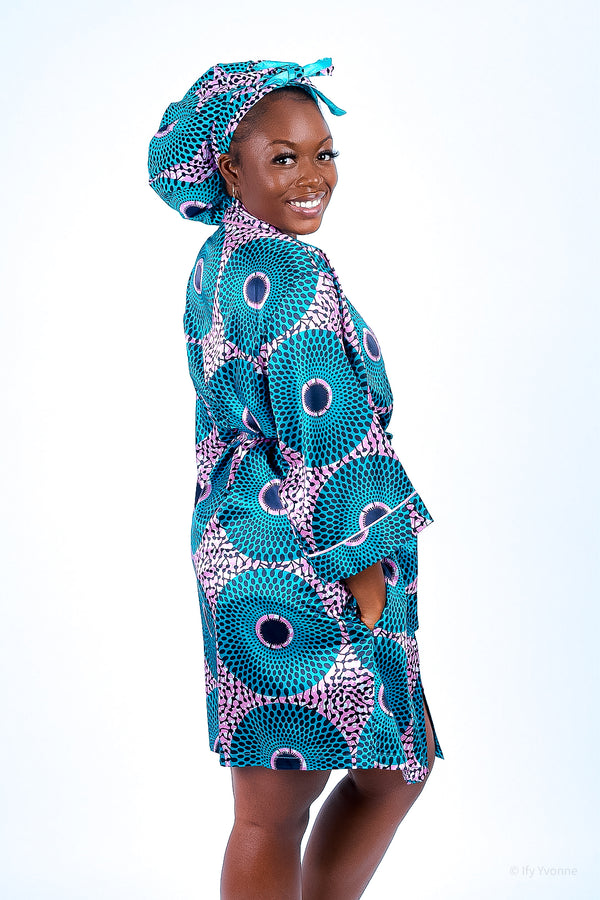African Print Satin Robe Teal (Coming soon!) - Nkeoma