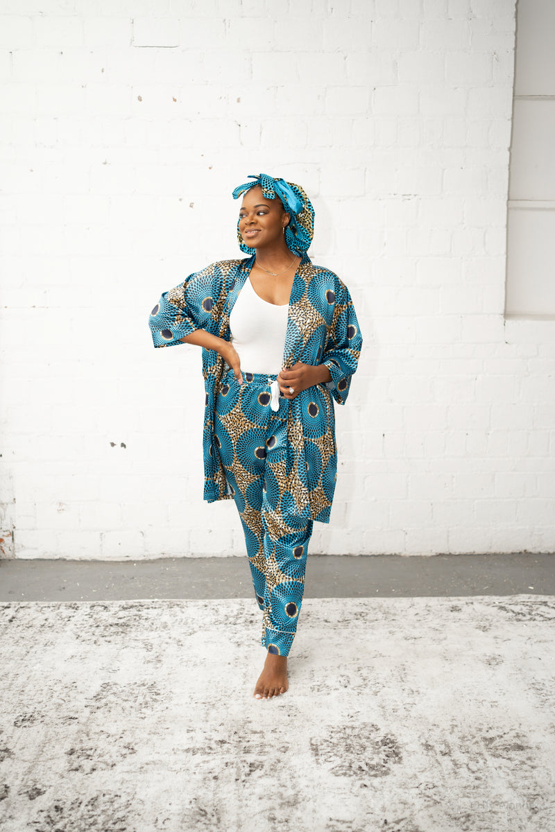 African Print Satin Robe (Aqua Blue) - Nkeoma