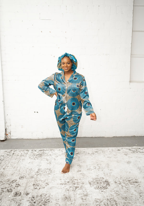 African Print Satin Long Sleeve Pajama Set (Aqua Blue) - Nkeoma