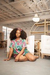 African Print Satin Pajama Shorts Set Pink/Teal - Nkeoma