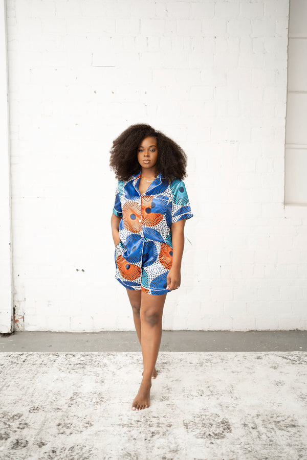African Print Satin Pajama Shorts Set Blue - Nkeoma