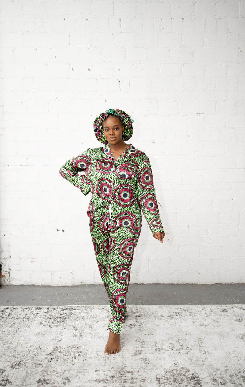 African Print Satin Long Sleeve Pajama Set (Pink/Green)