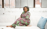 African Print Satin Long Sleeve Pajama Set (Pink/Green) - Nkeoma