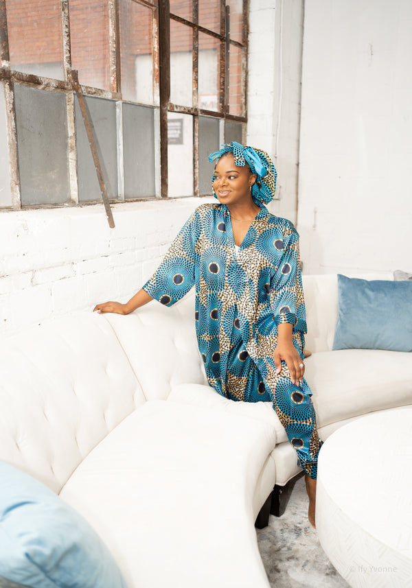African Print Satin Robe (Aqua Blue) - Nkeoma
