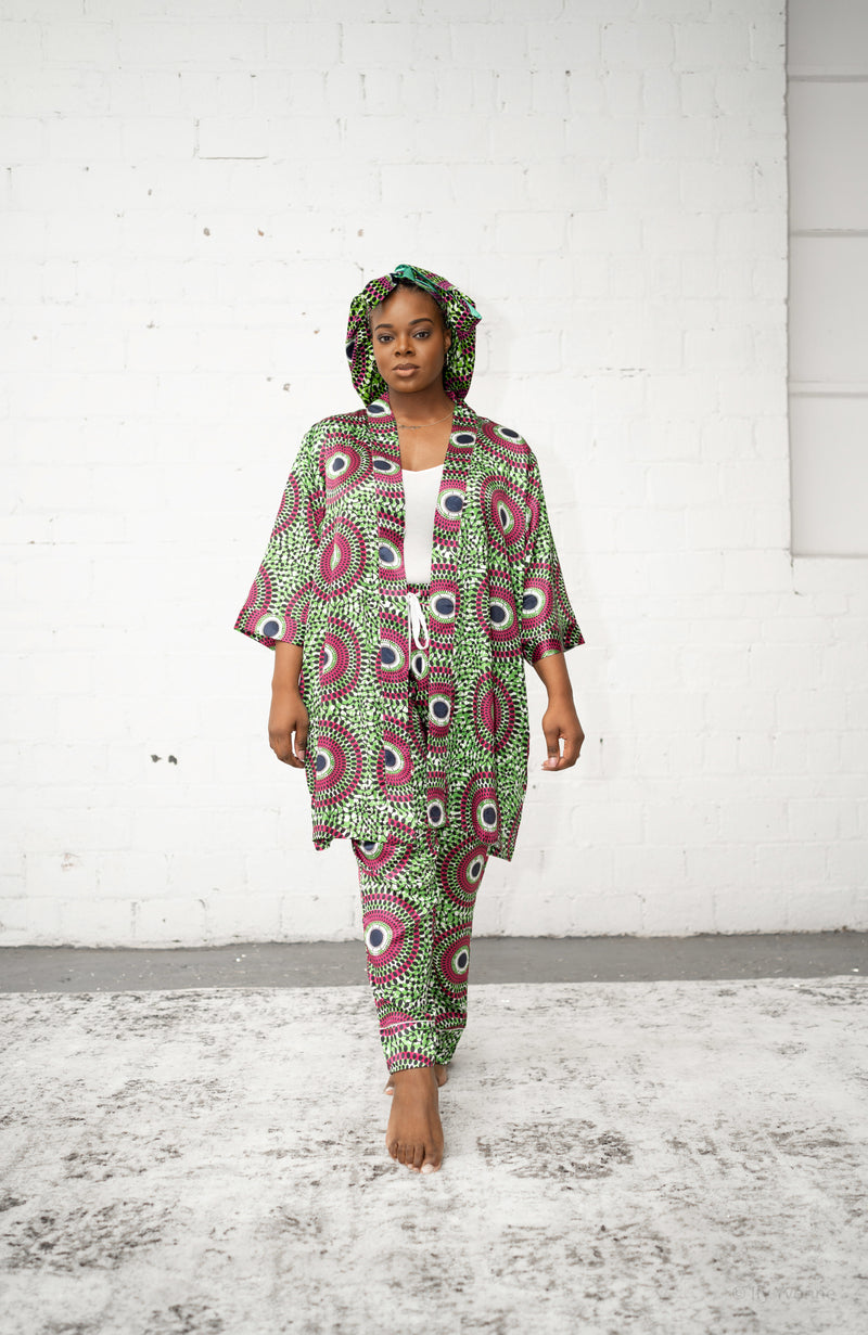 African Print Satin Robe Pink/Green - Nkeoma