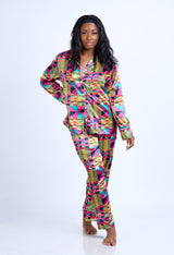 African Kente Print Satin Long Sleeve Pajama Set - Nkeoma