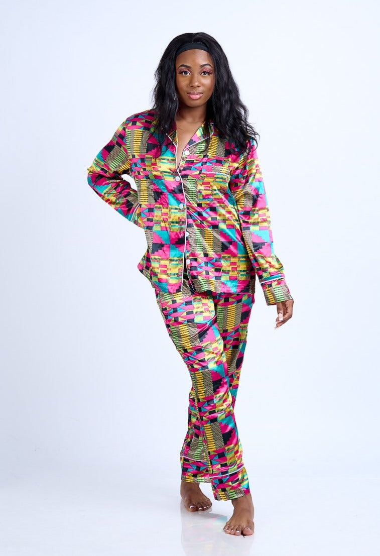African Kente Print Satin Long Sleeve Pajama Set