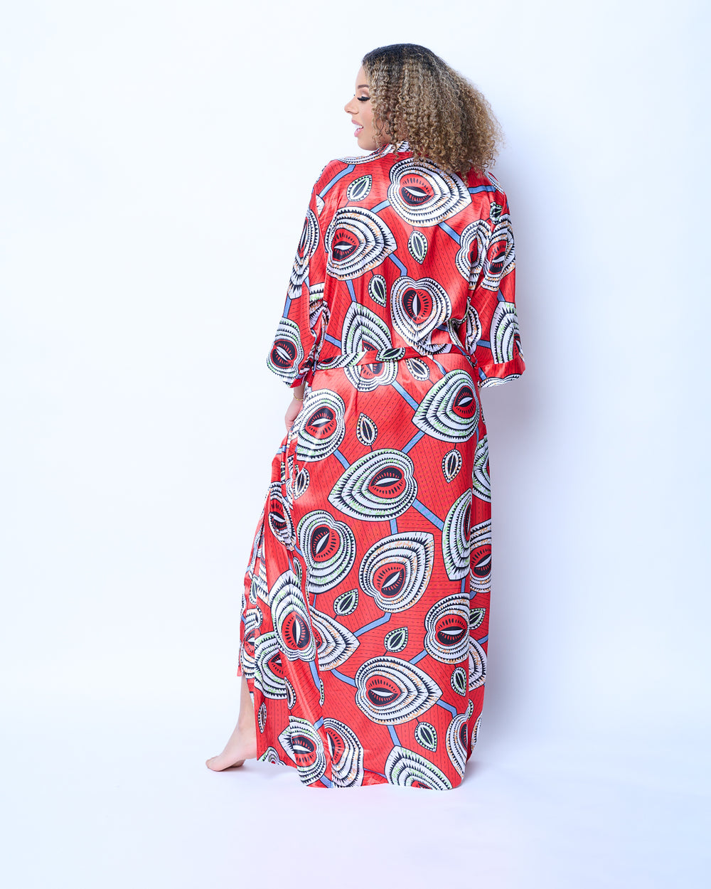 Long African Print Satin Robe Red Nkeoma By Ivy Livy