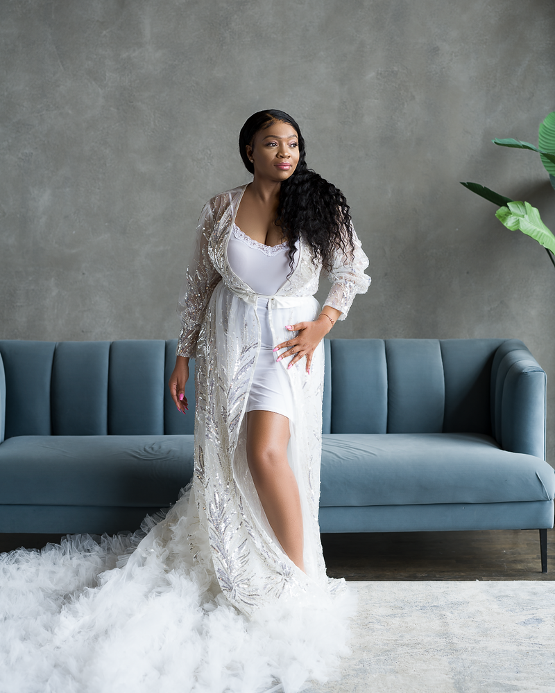 White lace top robe bride