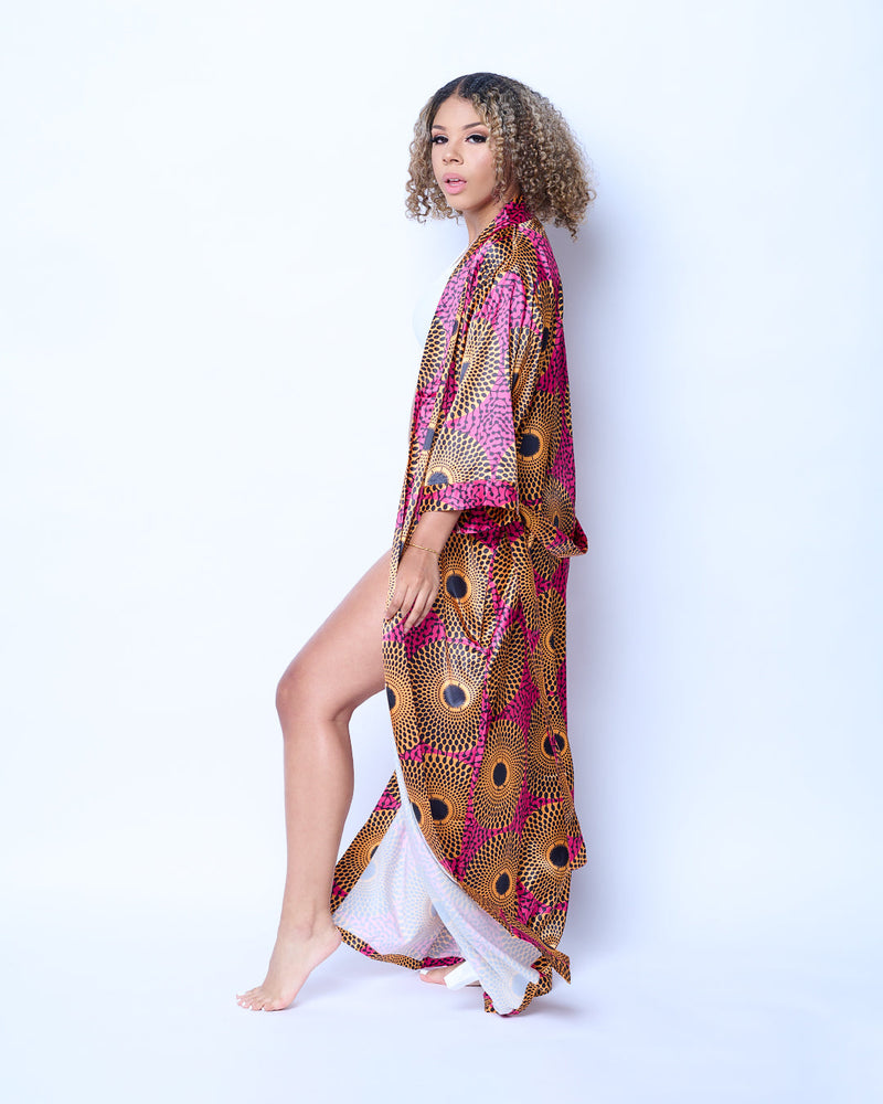 Long African Print Satin Robe Pink/Yellow - Nkeoma