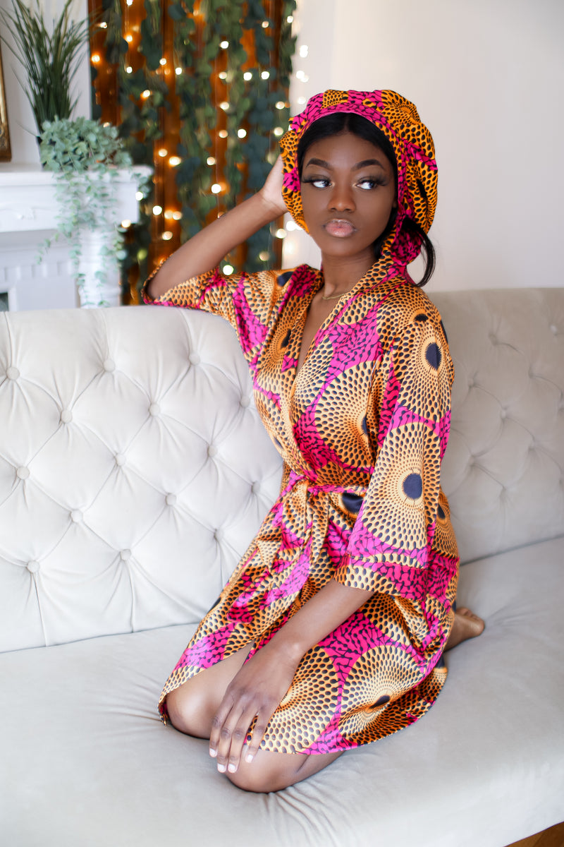 African Print Satin Robe Pink/Yellow - Nkeoma