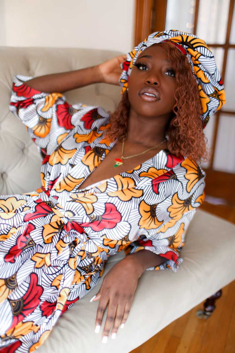 White/Red African Print Satin Robe - Nkeoma By Ivy & Livy