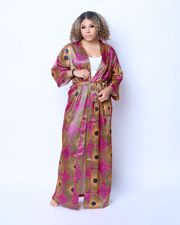 Long African Print Satin Robe Pink/Yellow - Nkeoma